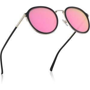 CARFIA Retro Acetate Polarized Sunglasses for Women UV Protection, Fashion Metal Brow Ladies Shades Eyewears Round Sunnies(3. Black Frame Pink Mirrored Lens)