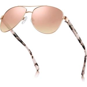 CARFIA Retro Trendy Pilot Sunglasses for Women Polarized UV Protection, Lightweight Outdoor Driving Lady Sunnies Metal Frame(5. Rose Gold Frame Pink Mirrored)