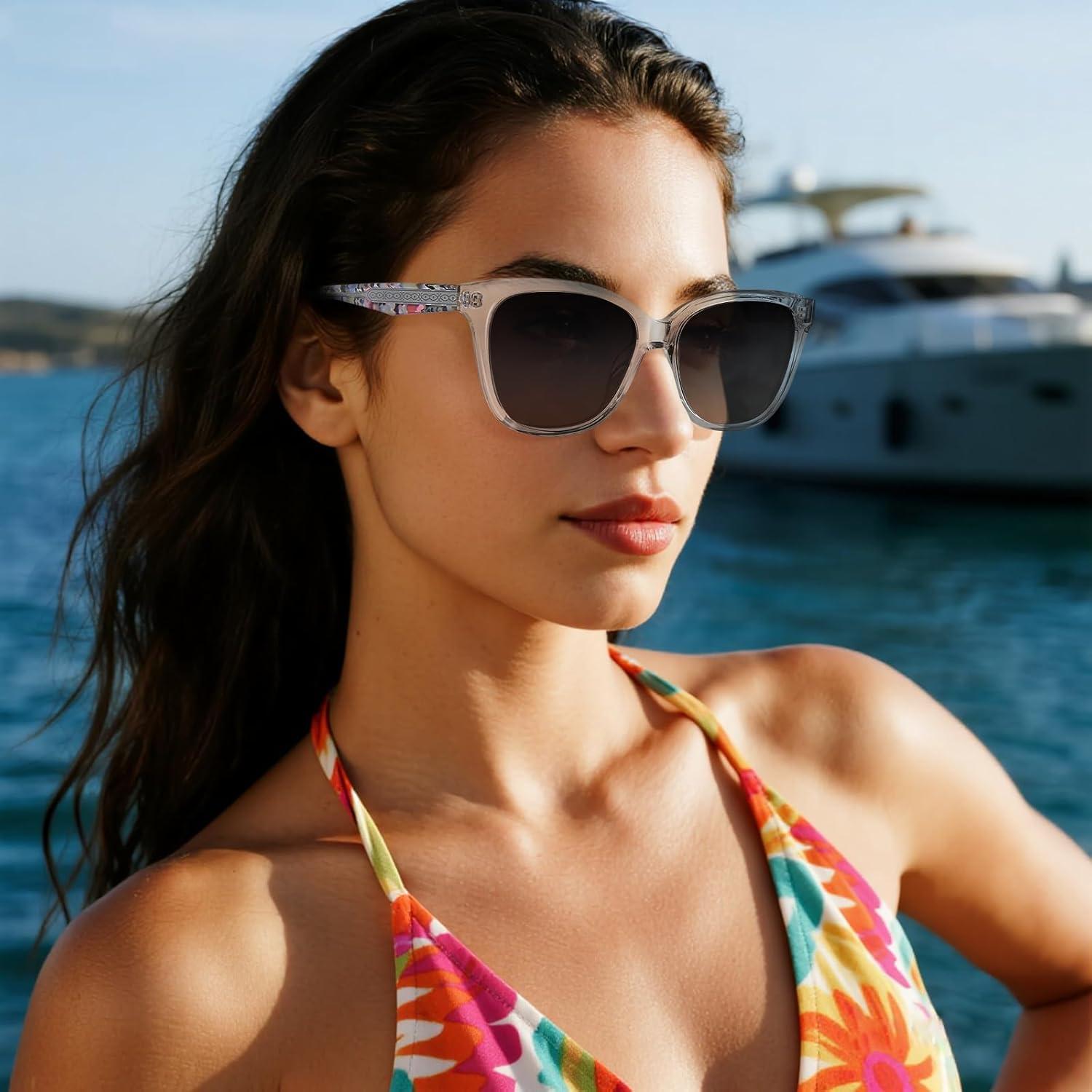 imageCARFIA Square Polarized Sunglasses for Women UV Protection Italian Design Retro Embossed Pattern Wire Core Driving Shades6translucent Gray Frame Gradient Gray Lenses