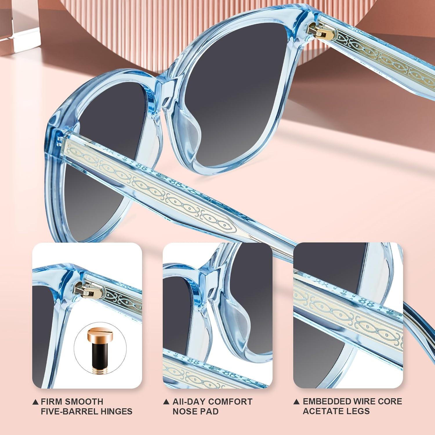 imageCARFIA Square Polarized Sunglasses for Women UV Protection Italian Design Retro Embossed Pattern Wire Core Driving Shades8blue Transparent Frame Gray Lenses