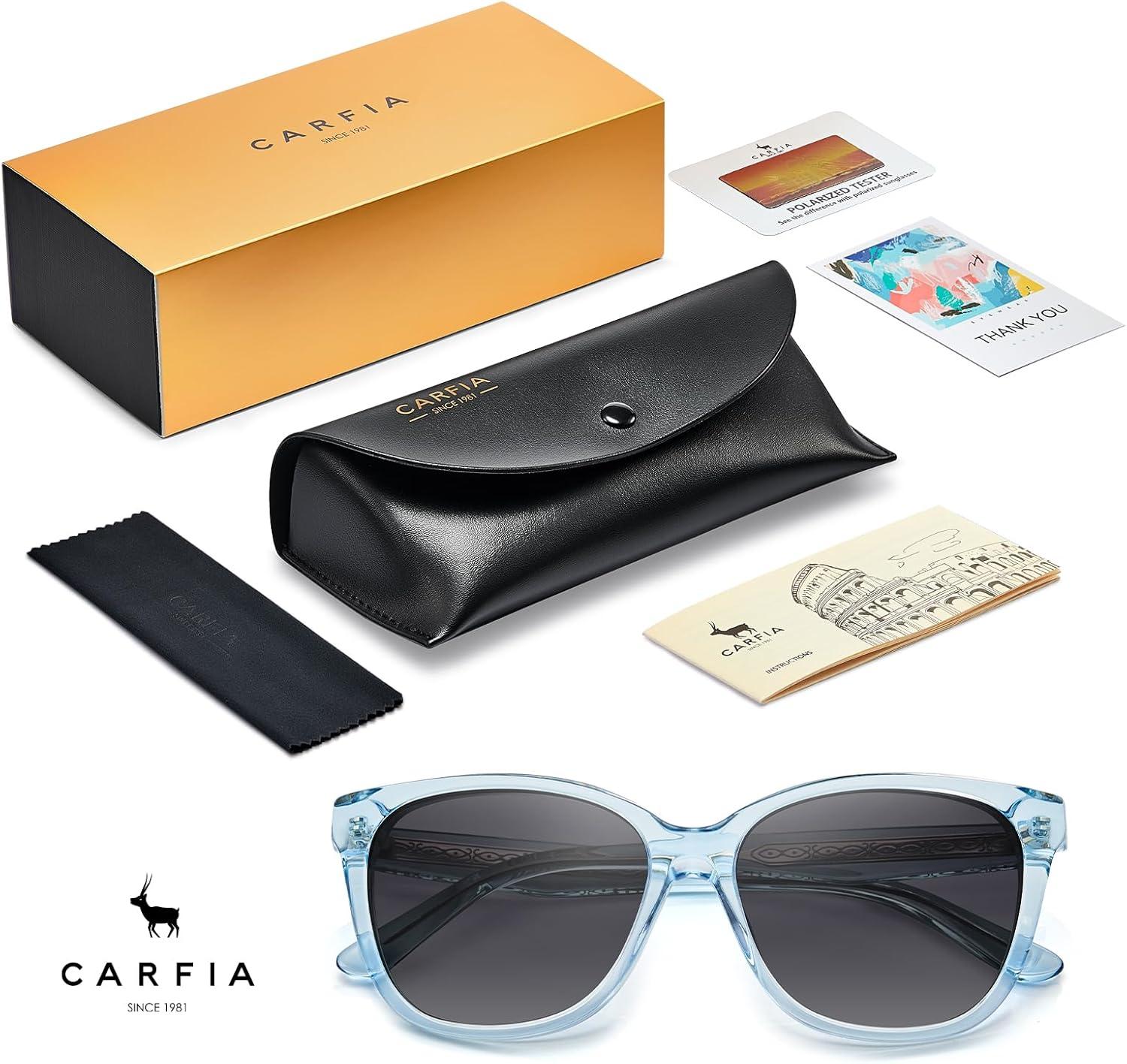 imageCARFIA Square Polarized Sunglasses for Women UV Protection Italian Design Retro Embossed Pattern Wire Core Driving Shades8blue Transparent Frame Gray Lenses