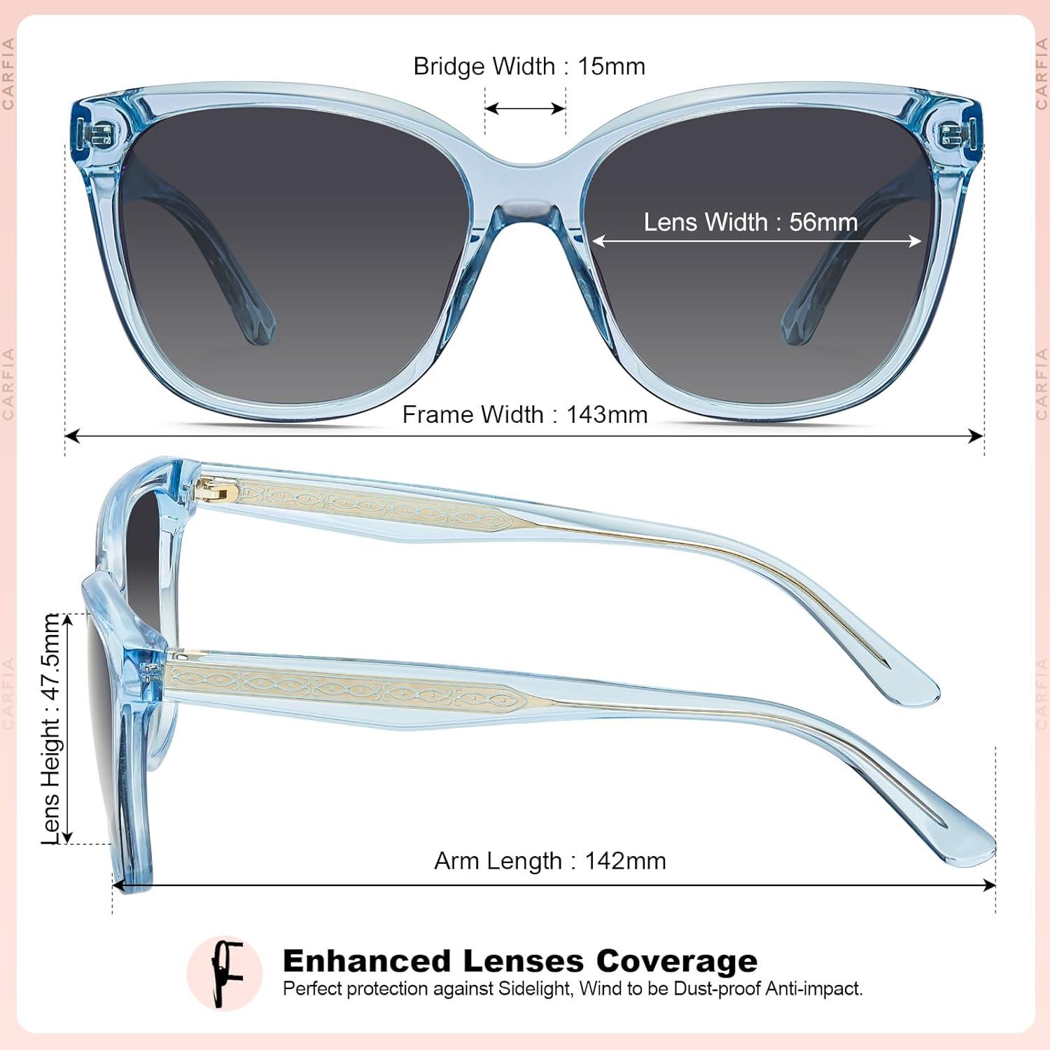 imageCARFIA Square Polarized Sunglasses for Women UV Protection Italian Design Retro Embossed Pattern Wire Core Driving Shades8blue Transparent Frame Gray Lenses