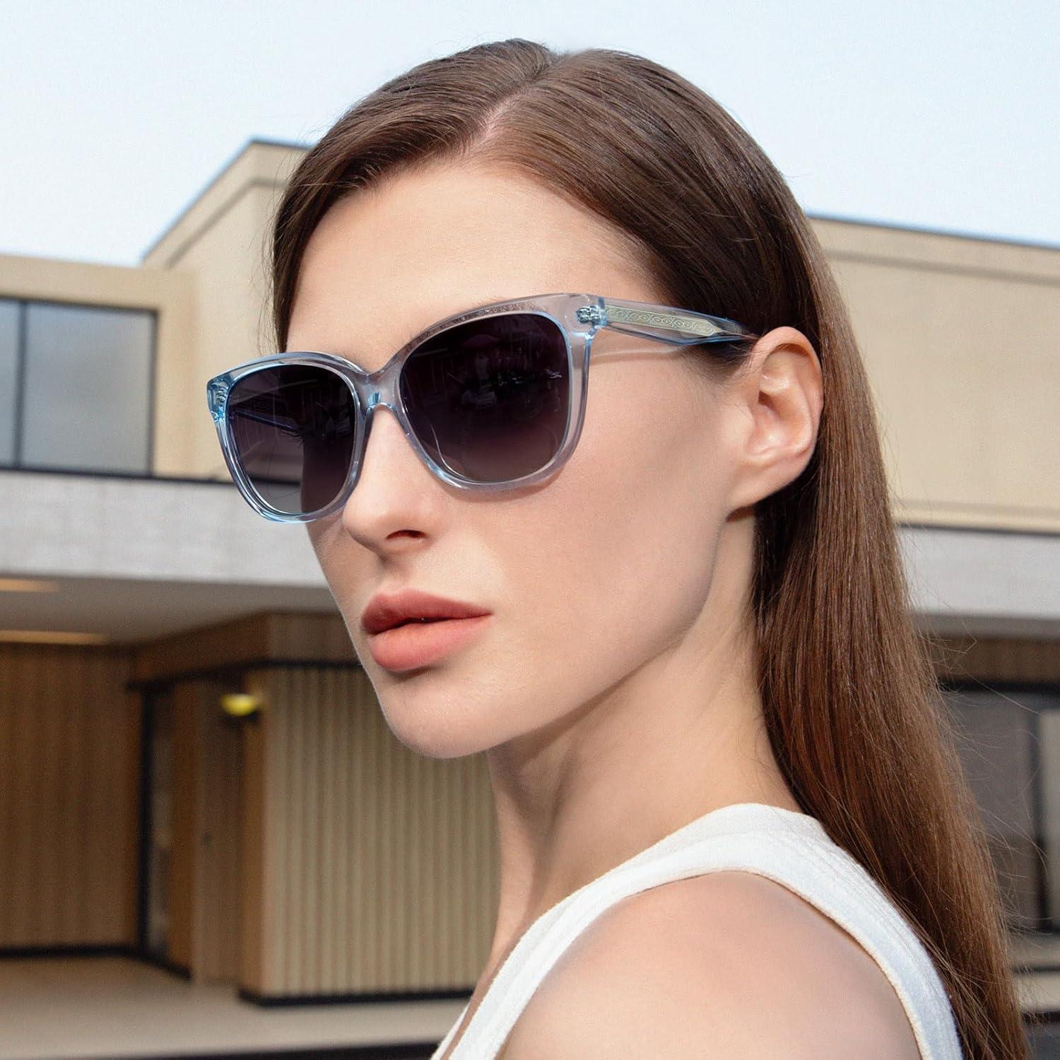 imageCARFIA Square Polarized Sunglasses for Women UV Protection Italian Design Retro Embossed Pattern Wire Core Driving Shades8blue Transparent Frame Gray Lenses