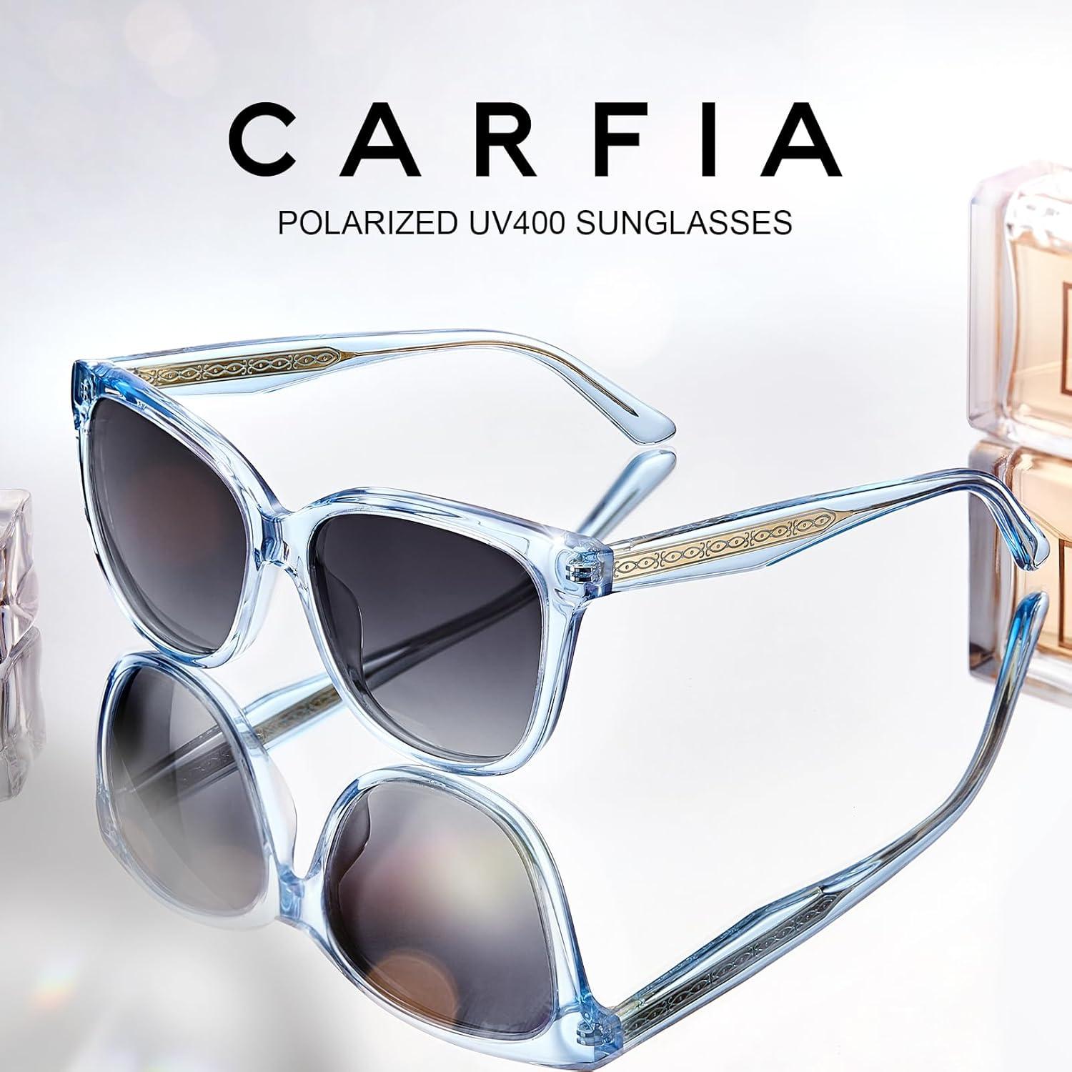 imageCARFIA Square Polarized Sunglasses for Women UV Protection Italian Design Retro Embossed Pattern Wire Core Driving Shades8blue Transparent Frame Gray Lenses