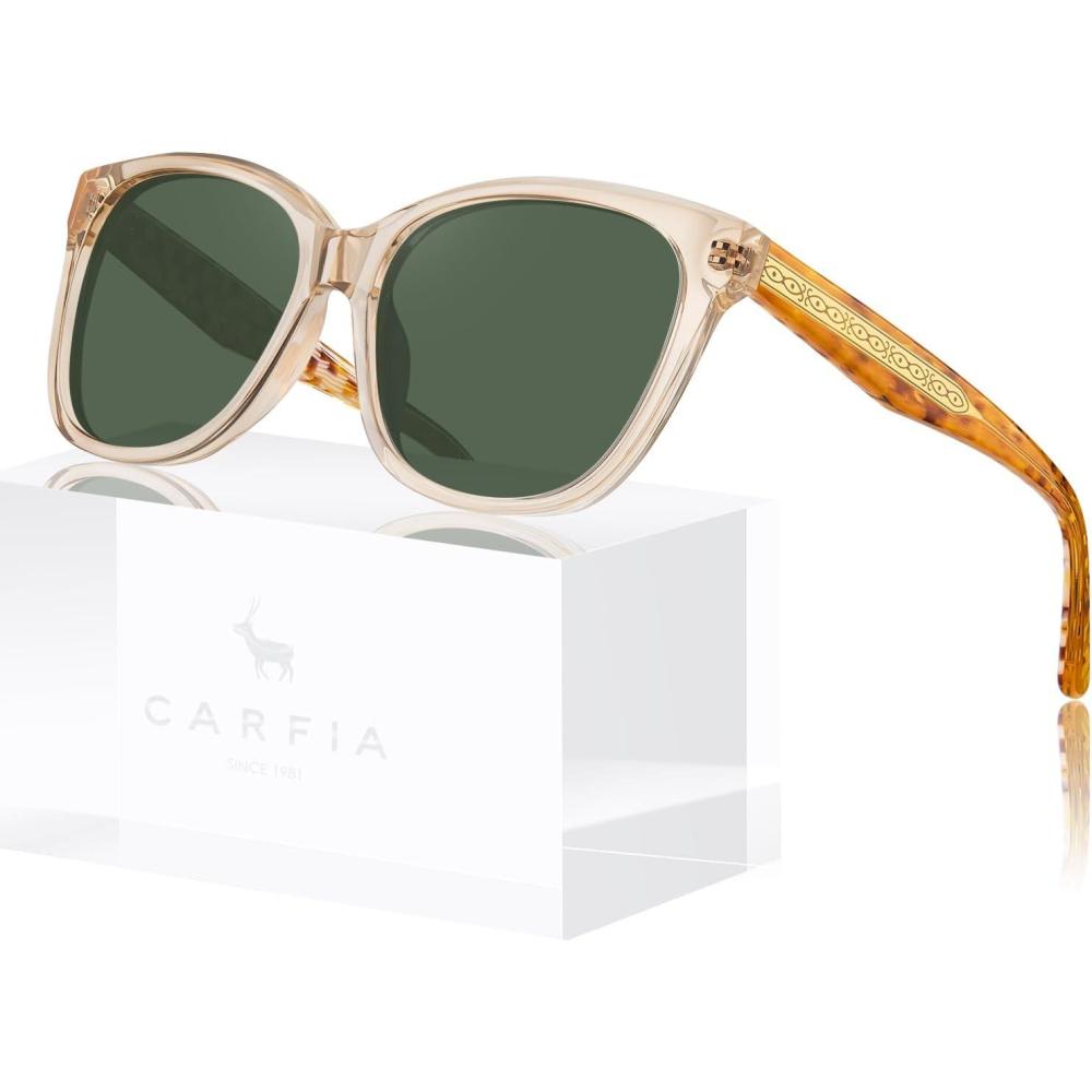 imageCARFIA Square Polarized Sunglasses for Women UV Protection Italian Design Retro Embossed Pattern Wire Core Driving Shades5translucent Tea Frame Gradient Green Lenses