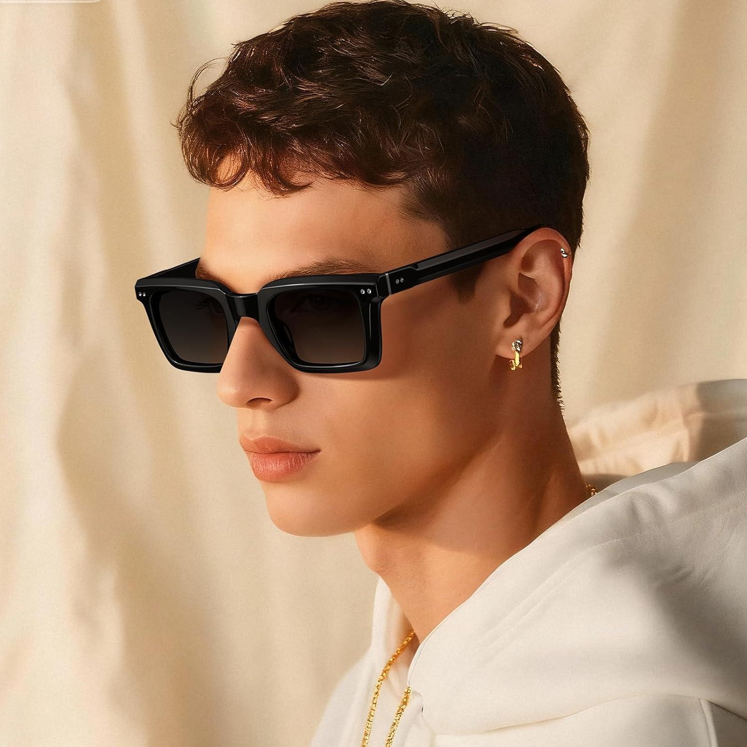 imageCARFIA Rectangle Polarized Sunglasses for Men Beveled Retro Design UV400 Protection CA60271 Black Frame Gray Gradient Lenses