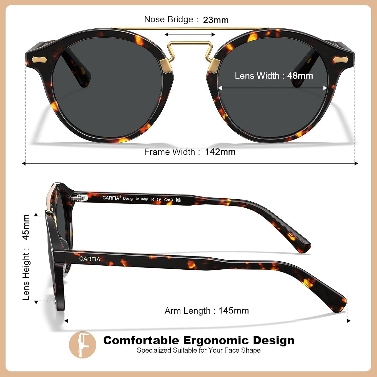 imageCARFIA Retro Acetate Small Face Polarized Sunglasses for Men Women Trendy Metal Double Bridge Round Sun Glasses CA3399L2 Tortoise Frame Gray Lenses