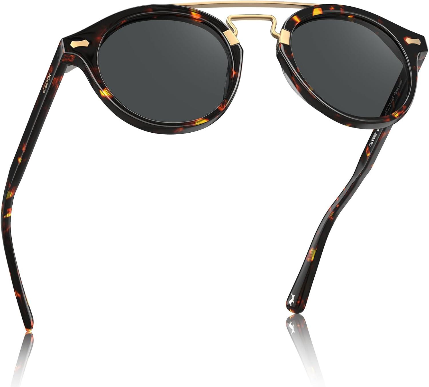 imageCARFIA Retro Acetate Small Face Polarized Sunglasses for Men Women Trendy Metal Double Bridge Round Sun Glasses CA3399L2 Tortoise Frame Gray Lenses