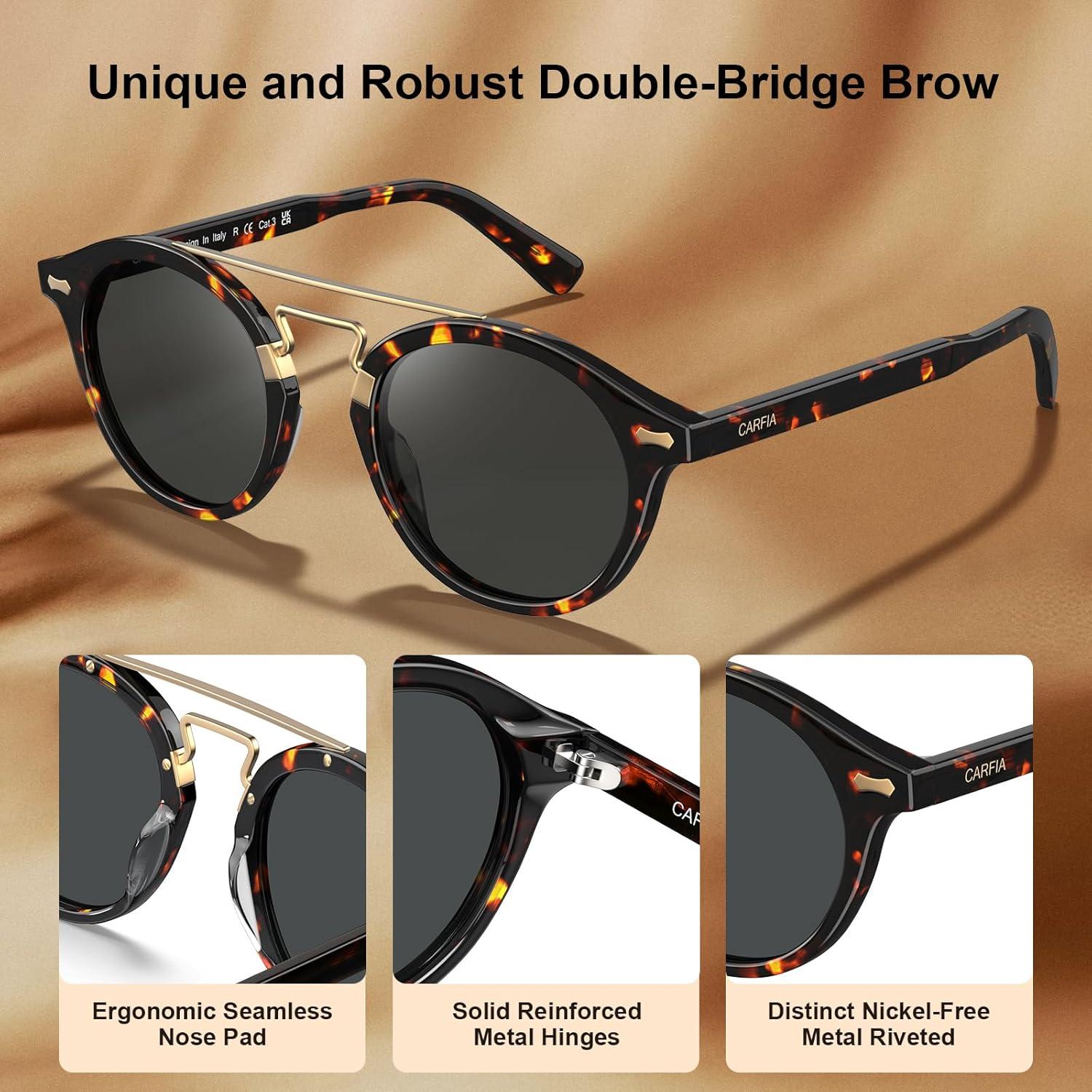 imageCARFIA Retro Acetate Small Face Polarized Sunglasses for Men Women Trendy Metal Double Bridge Round Sun Glasses CA3399L2 Tortoise Frame Gray Lenses