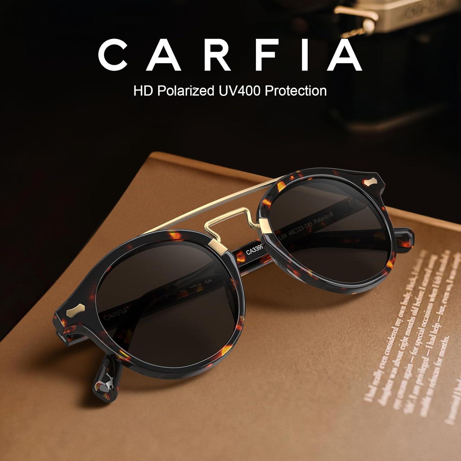 imageCARFIA Retro Acetate Small Face Polarized Sunglasses for Men Women Trendy Metal Double Bridge Round Sun Glasses CA3399L2 Tortoise Frame Gray Lenses