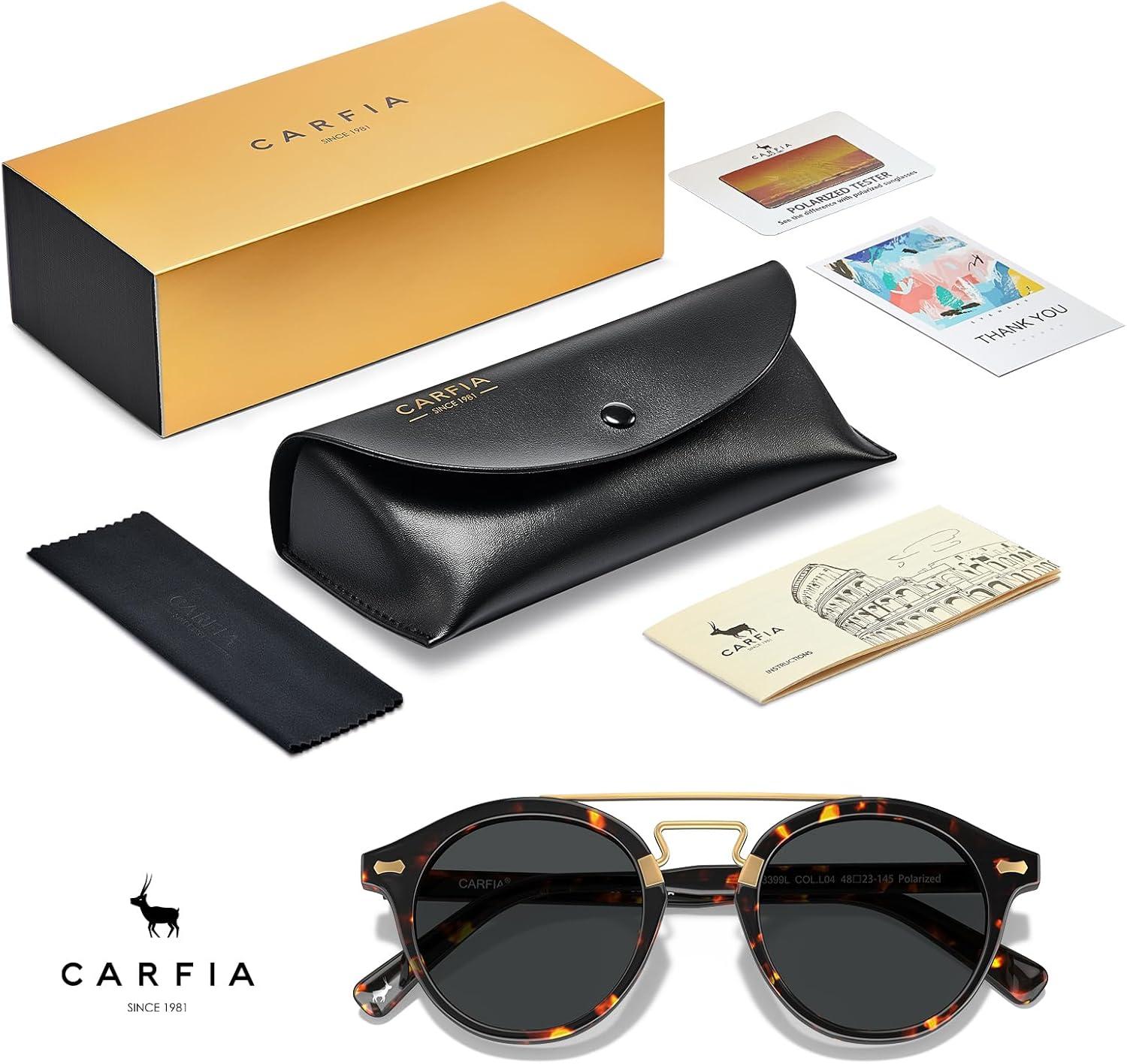 imageCARFIA Retro Acetate Small Face Polarized Sunglasses for Men Women Trendy Metal Double Bridge Round Sun Glasses CA3399L2 Tortoise Frame Gray Lenses