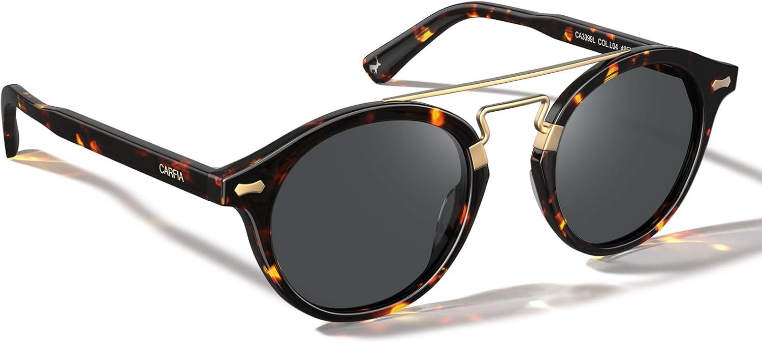 imageCARFIA Retro Acetate Small Face Polarized Sunglasses for Men Women Trendy Metal Double Bridge Round Sun Glasses CA3399L2 Tortoise Frame Gray Lenses