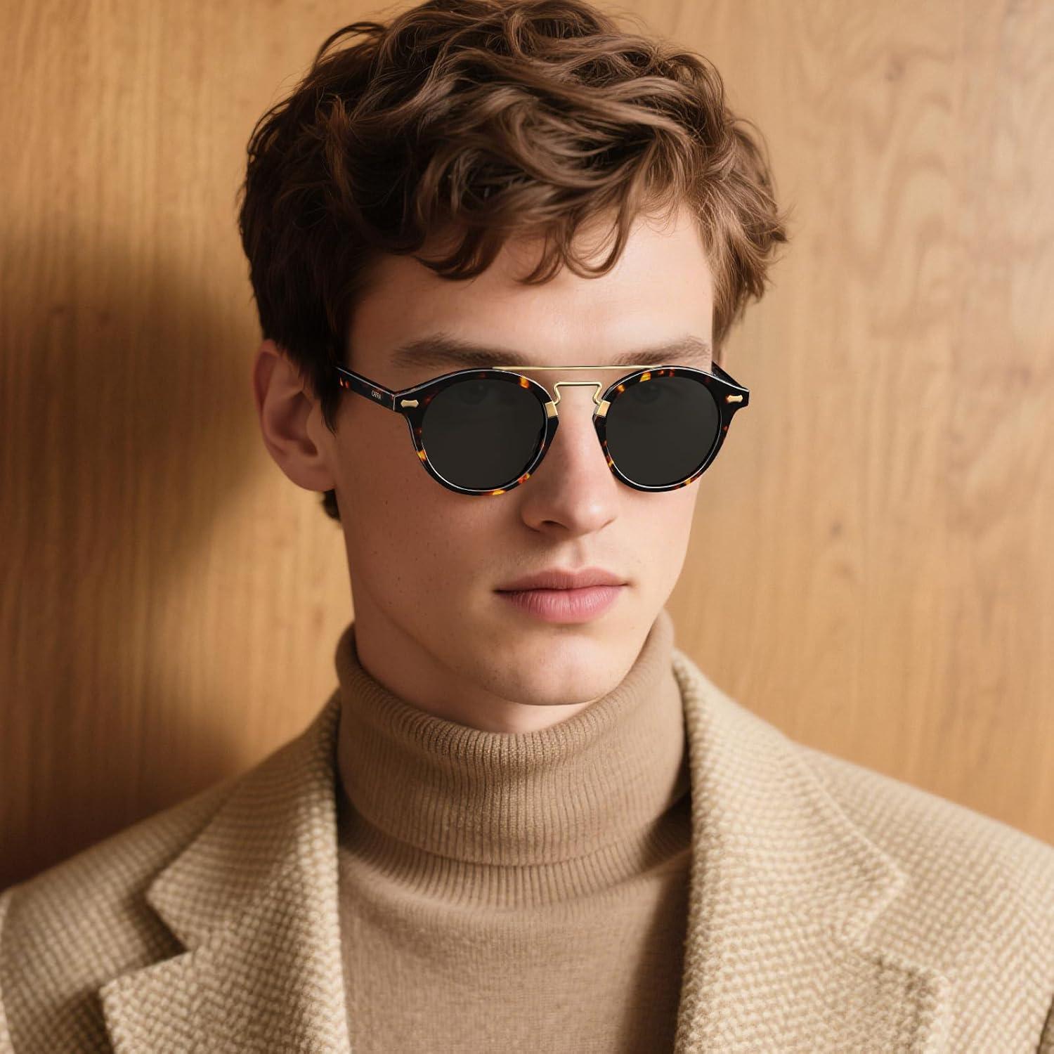 imageCARFIA Retro Acetate Small Face Polarized Sunglasses for Men Women Trendy Metal Double Bridge Round Sun Glasses CA3399L2 Tortoise Frame Gray Lenses