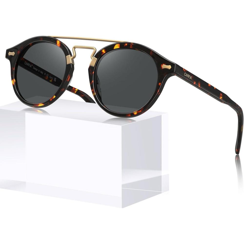 imageCARFIA Retro Acetate Small Face Polarized Sunglasses for Men Women Trendy Metal Double Bridge Round Sun Glasses CA3399L2 Tortoise Frame Gray Lenses