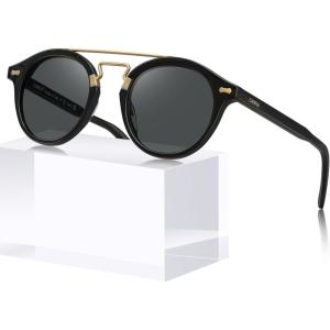 CARFIA Retro Acetate Small Face Polarized Sunglasses for Men Women Trendy Metal Double Bridge Round Sun Glasses CA3399L(1. Black Frame Gray Lenses)