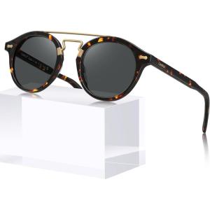 CARFIA Retro Acetate Small Face Polarized Sunglasses for Men Women Trendy Metal Double Bridge Round Sun Glasses CA3399L(2. Tortoise Frame Gray Lenses)