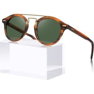 CARFIA Retro Acetate Small Face Polarized Sunglasses for Men Women Trendy Metal Double Bridge Round Sun Glasses CA3399L(3-1. Brown Striped Frame Green Lenses)