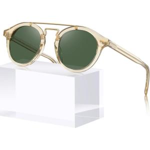 CARFIA Retro Acetate Small Face Polarized Sunglasses for Men Women Trendy Metal Double Bridge Round Sun Glasses CA3399L(3-2. Clear Tea Frame Green Lenses)