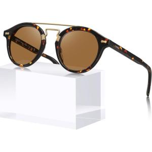 CARFIA Retro Acetate Small Face Polarized Sunglasses for Men Women Trendy Metal Double Bridge Round Sun Glasses CA3399L(5. Tortoise Frame Brown Lenses)