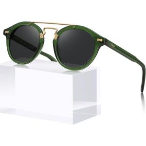 CARFIA Retro Acetate Small Face Polarized Sunglasses for Men Women Trendy Metal Double Bridge Round Sun Glasses CA3399L(6. Crystal Green Frame Gray Lenses)