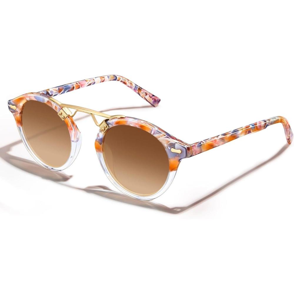 imageCARFIA Double Bridge Small Acetate Sunglasses for Women Polarized Retro Metal Brow Ladies Sunnies Fashion Round Eyewears1 Pink Flower Tortoise Frame Gradient Brown Lens