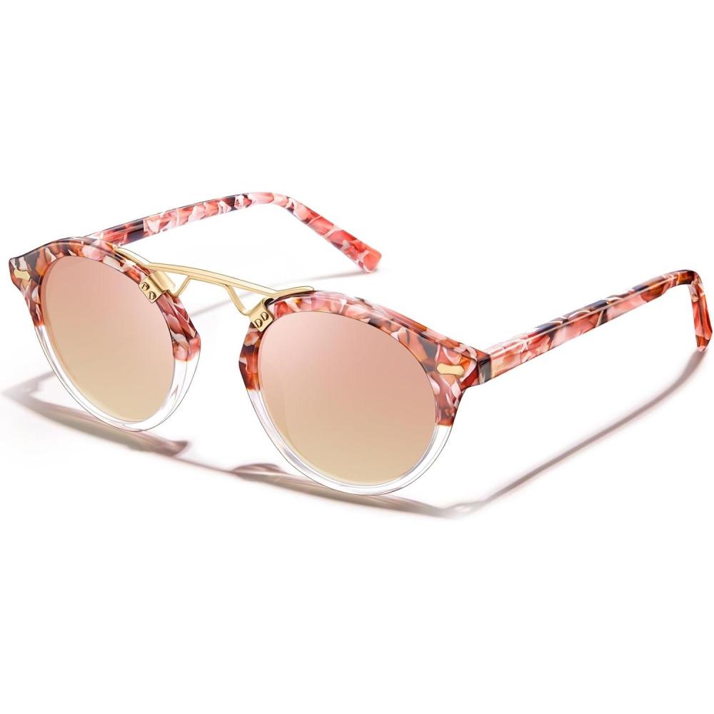 imageCARFIA Double Bridge Small Acetate Sunglasses for Women Polarized Retro Metal Brow Ladies Sunnies Fashion Round Eyewears2 Sakura Tortoise Frame Pink Mirrored