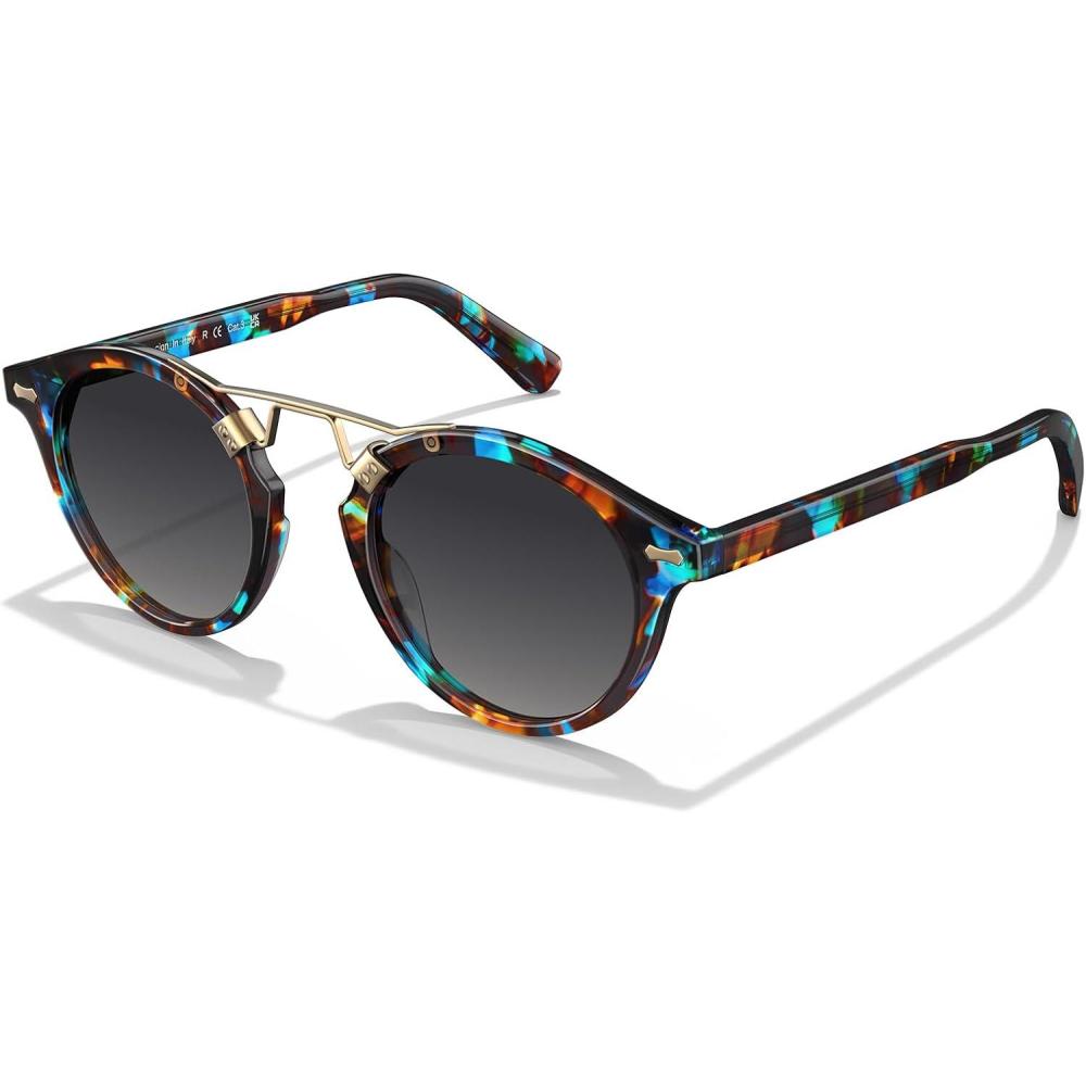 imageCARFIA Double Bridge Small Acetate Sunglasses for Women Polarized Retro Metal Brow Ladies Sunnies Fashion Round Eyewears5 Blue Floral Tortoise Frame Gradient Grey Lens