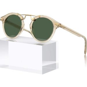 CARFIA Double Bridge Small Acetate Sunglasses for Women Polarized, Retro Metal Brow Ladies Sunnies Fashion Round Eyewears(1-1. Clear Yellow Frame Green Lens)