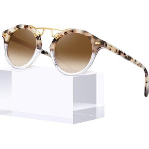 CARFIA Double Bridge Small Acetate Sunglasses for Women Polarized, Retro Metal Brow Ladies Sunnies Fashion Round Eyewears(1-2. Pink White Tortoise Frame Gradient Brown Lens)