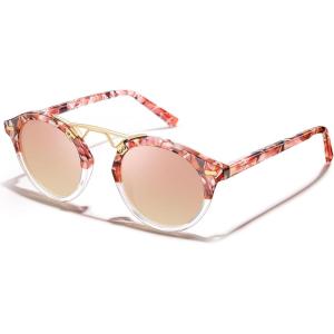 CARFIA Double Bridge Small Acetate Sunglasses for Women Polarized, Retro Metal Brow Ladies Sunnies Fashion Round Eyewears(2. Sakura Tortoise Frame Pink Mirrored)