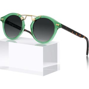 CARFIA Double Bridge Small Acetate Sunglasses for Women Polarized, Retro Metal Brow Ladies Sunnies Fashion Round Eyewears(3. Translucent Green Frame Gradient Grey Lens)
