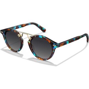 CARFIA Double Bridge Small Acetate Sunglasses for Women Polarized, Retro Metal Brow Ladies Sunnies Fashion Round Eyewears(5. Blue Floral Tortoise Frame Gradient Grey Lens)