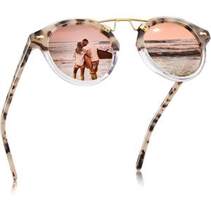 CARFIA Double Bridge Small Acetate Sunglasses for Women Polarized, Retro Metal Brow Ladies Sunnies Fashion Round Eyewears(9-0. Pink Tortoise Frame Pink Mirrored)