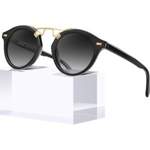 CARFIA Double Bridge Small Acetate Sunglasses for Women Polarized, Retro Metal Brow Ladies Sunnies Fashion Round Eyewears(Black)