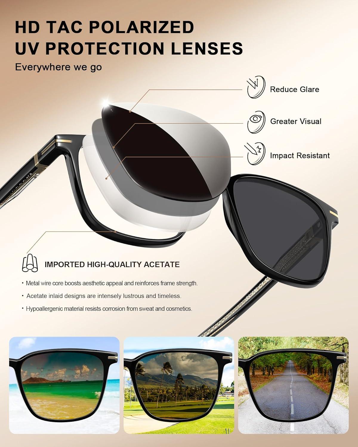 image:imageCARFIA Classic Polarized Sunglasses for Men UV400 Protection Flexible Acetate Shades with Core Wire Design CA31238A Black Frame Gray Lenses