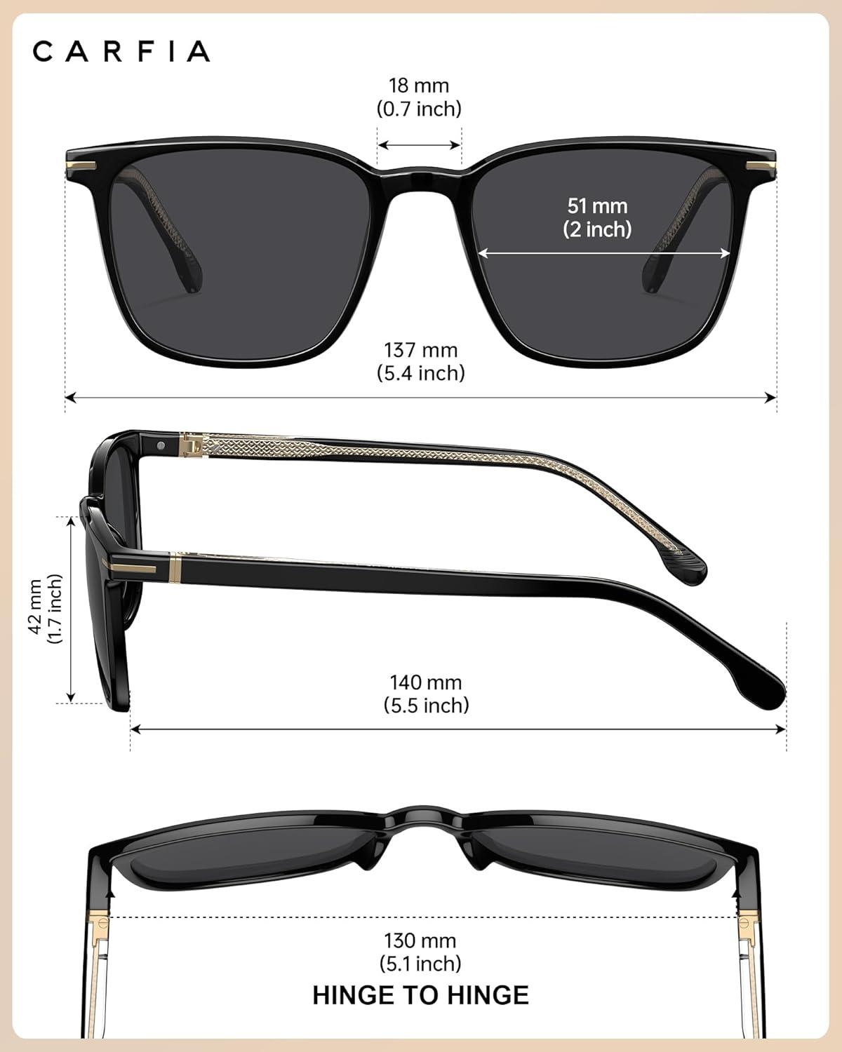 image:imageCARFIA Classic Polarized Sunglasses for Men UV400 Protection Flexible Acetate Shades with Core Wire Design CA31238A Black Frame Gray Lenses