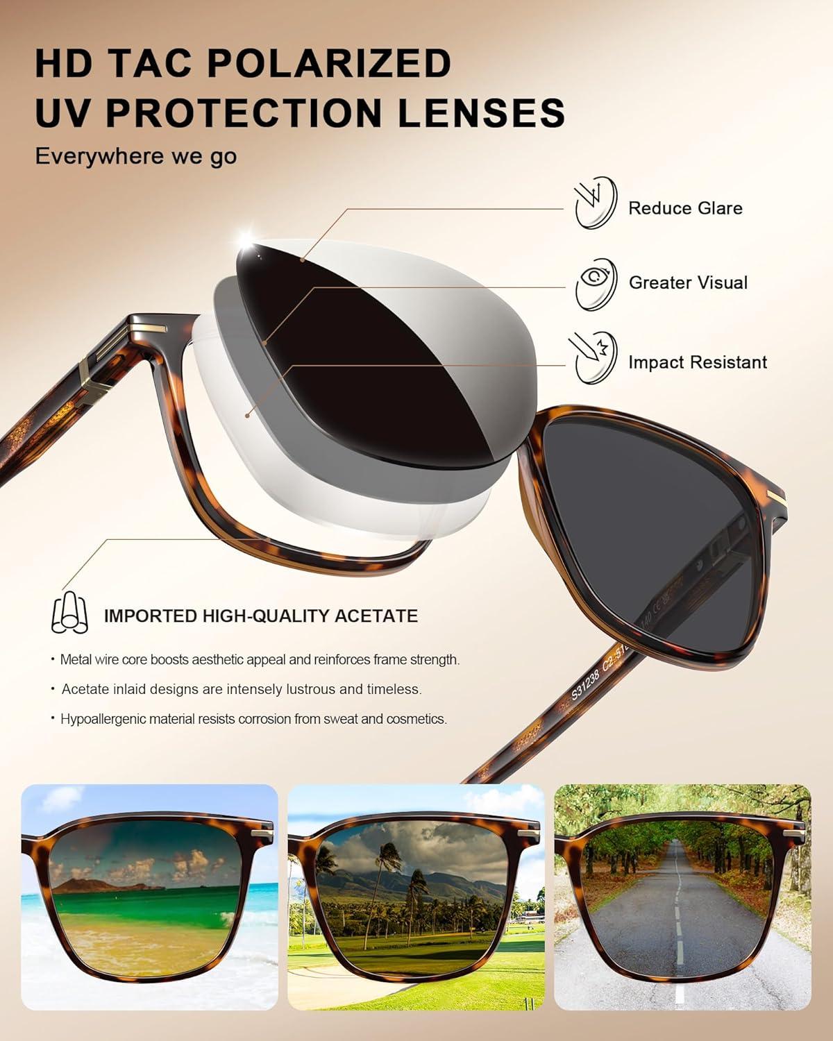 image:imageCARFIA Classic Polarized Sunglasses for Men UV400 Protection Flexible Acetate Shades with Core Wire Design CA31238B Tortoiseshell Frame Gray Lenses