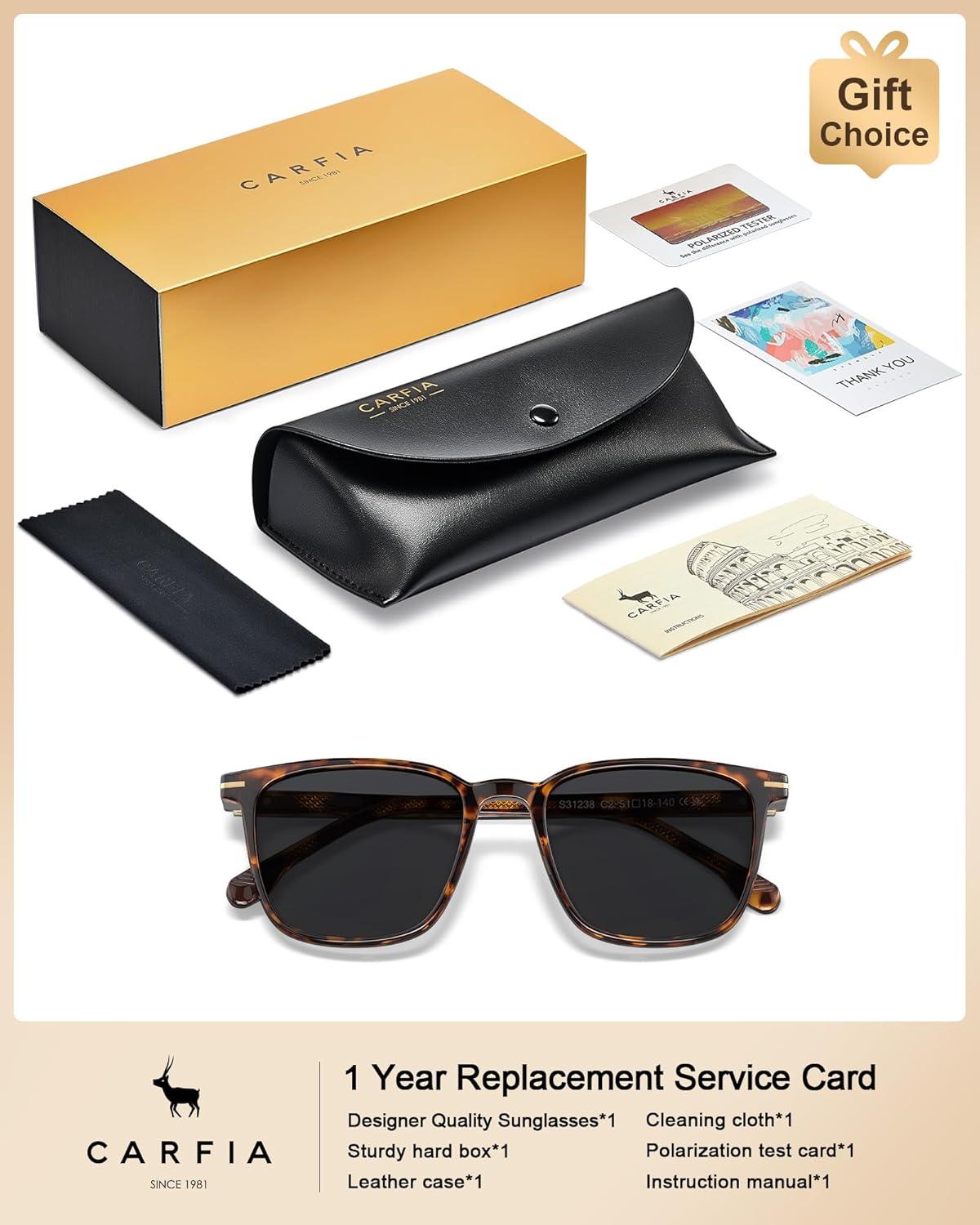 image:imageCARFIA Classic Polarized Sunglasses for Men UV400 Protection Flexible Acetate Shades with Core Wire Design CA31238B Tortoiseshell Frame Gray Lenses