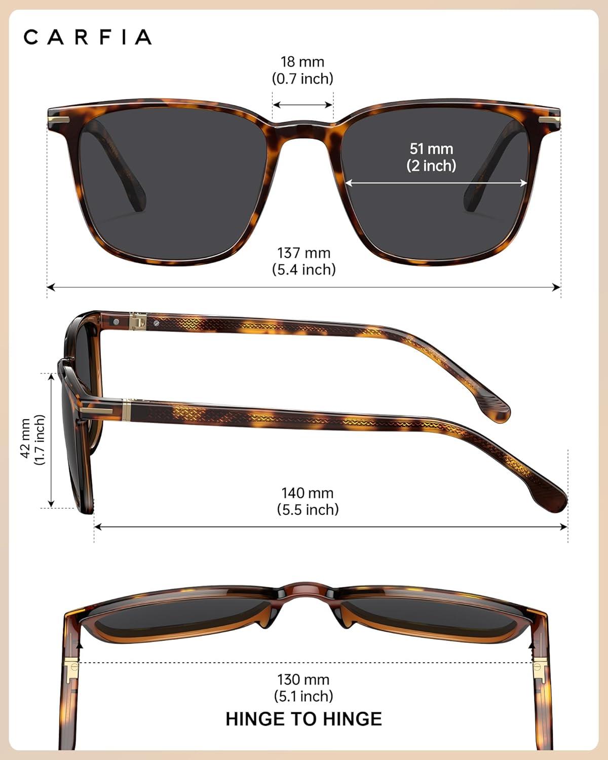 image:imageCARFIA Classic Polarized Sunglasses for Men UV400 Protection Flexible Acetate Shades with Core Wire Design CA31238B Tortoiseshell Frame Gray Lenses