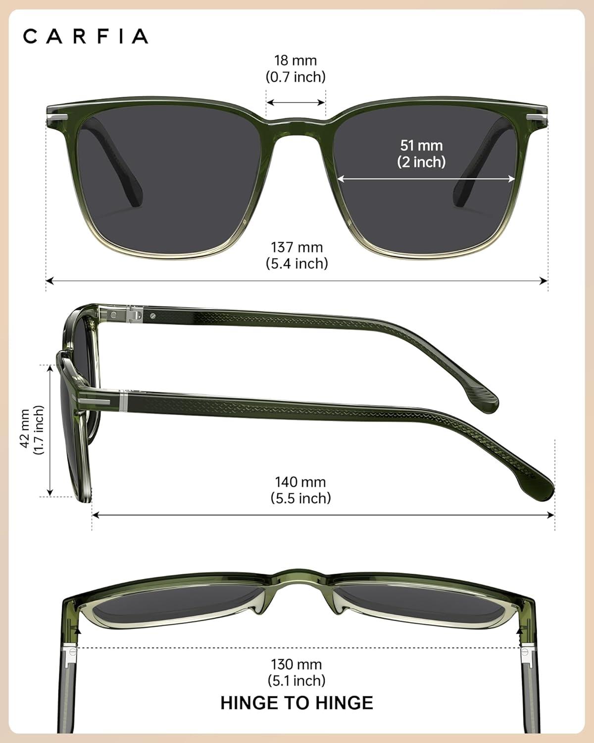 image:imageCARFIA Classic Polarized Sunglasses for Men UV400 Protection Flexible Acetate Shades with Core Wire Design CA31238C Green Clear Yellow Frame Gray Lenses