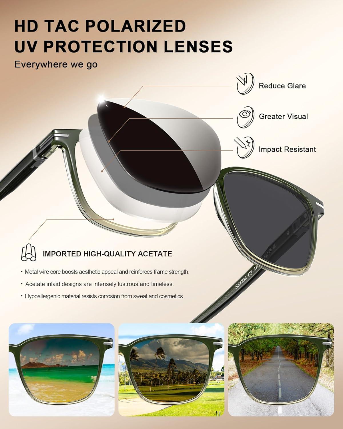 image:imageCARFIA Classic Polarized Sunglasses for Men UV400 Protection Flexible Acetate Shades with Core Wire Design CA31238C Green Clear Yellow Frame Gray Lenses