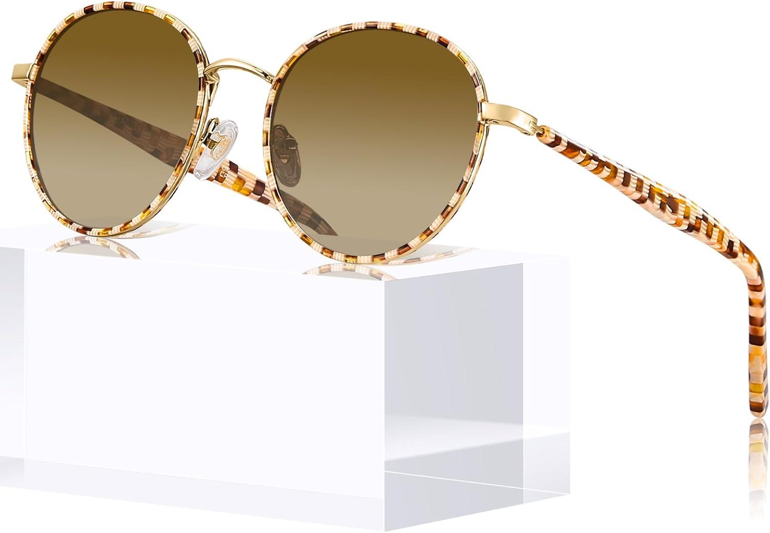 image:imageCARFIA Retro Round Polarized Sunglasses for Women UV Protection Acetate Arms Metal Frame Driving GlassesA Checkered Frame Brown Gradient Lens
