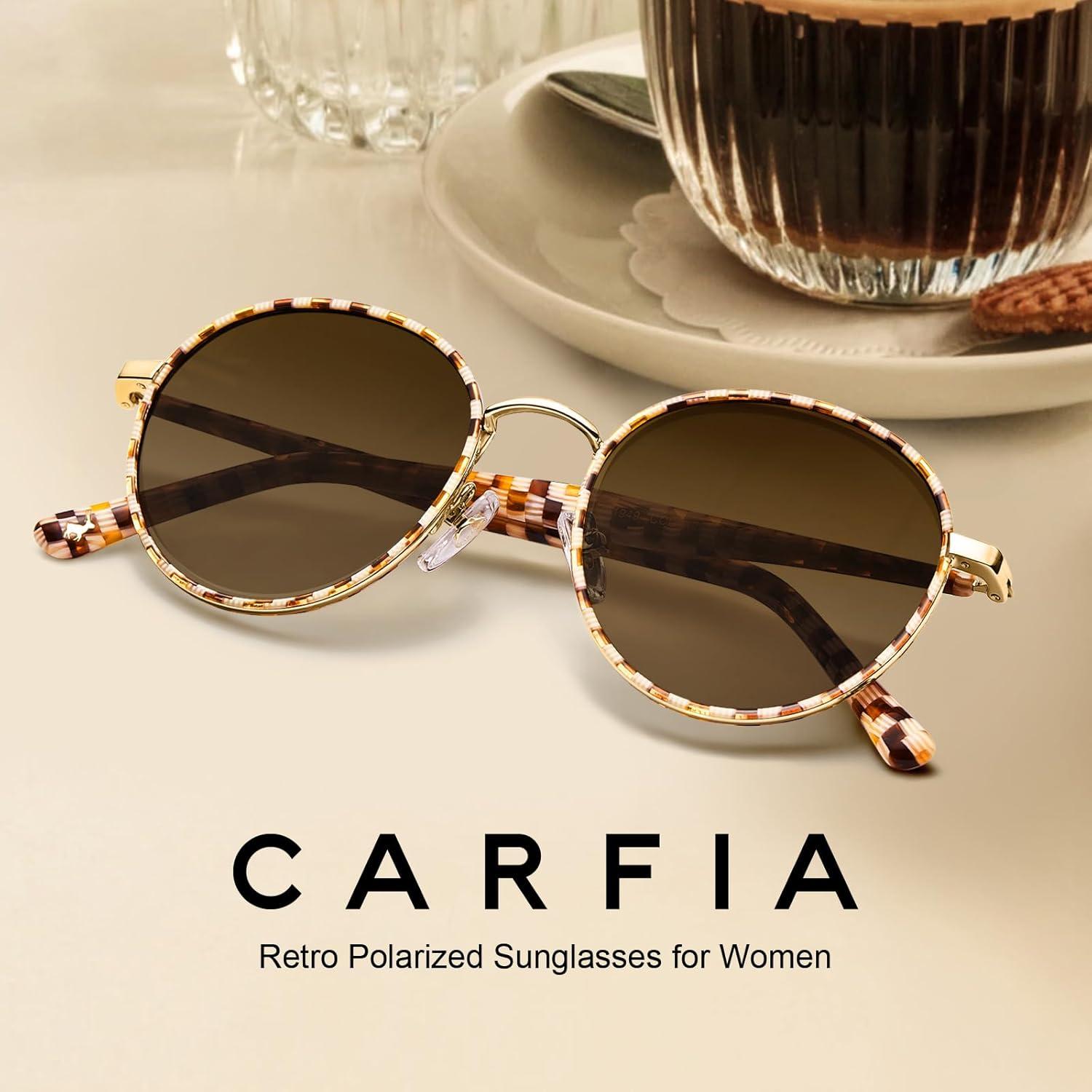 image:imageCARFIA Retro Round Polarized Sunglasses for Women UV Protection Acetate Arms Metal Frame Driving GlassesA Checkered Frame Brown Gradient Lens