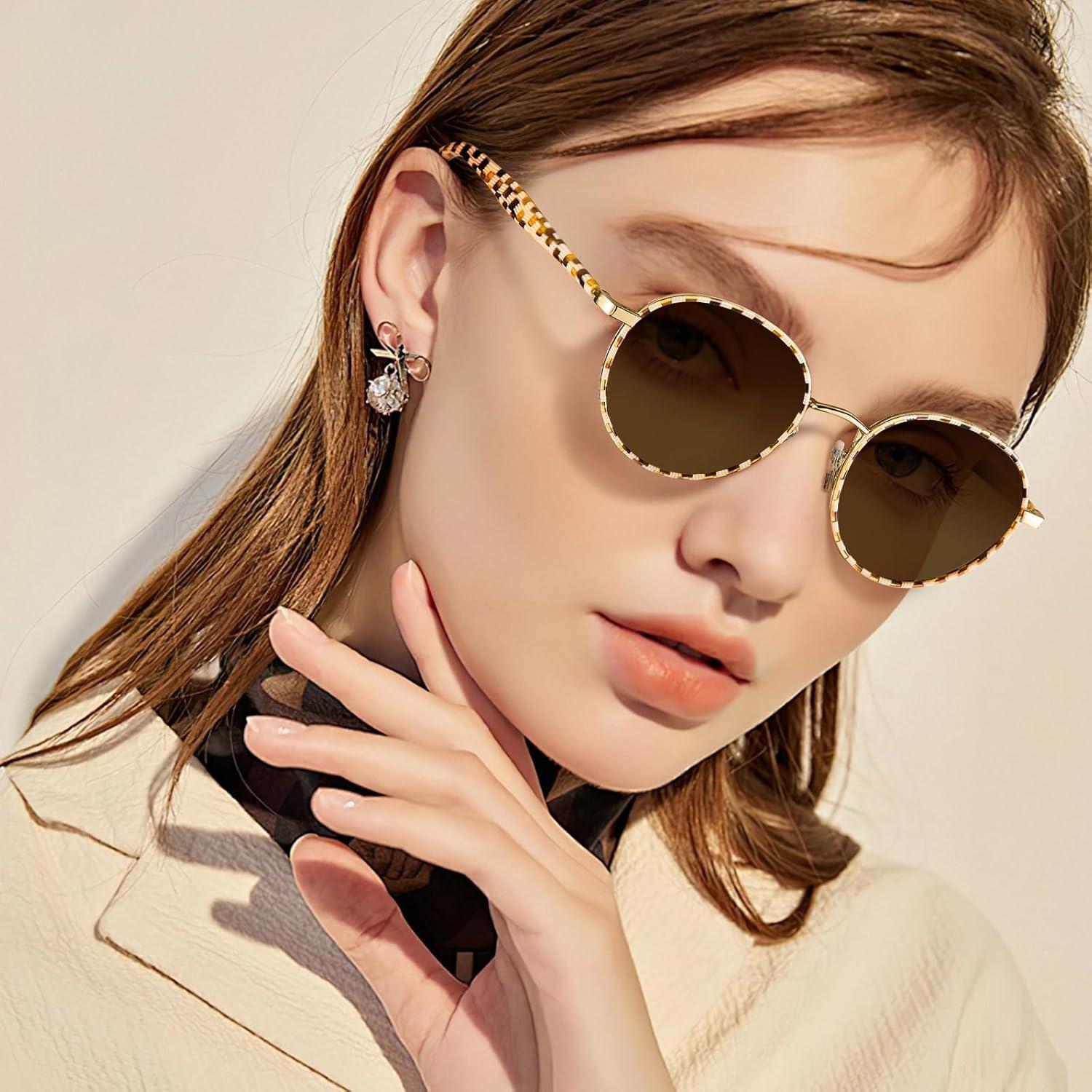 image:imageCARFIA Retro Round Polarized Sunglasses for Women UV Protection Acetate Arms Metal Frame Driving GlassesA Checkered Frame Brown Gradient Lens