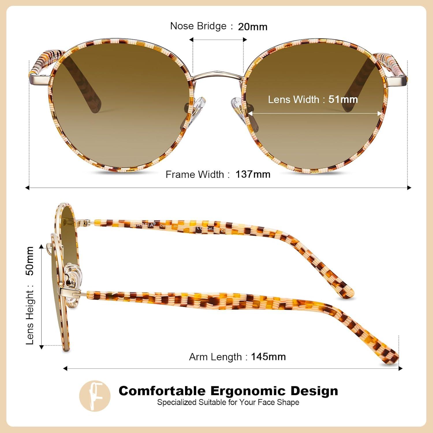 image:imageCARFIA Retro Round Polarized Sunglasses for Women UV Protection Acetate Arms Metal Frame Driving GlassesA Checkered Frame Brown Gradient Lens
