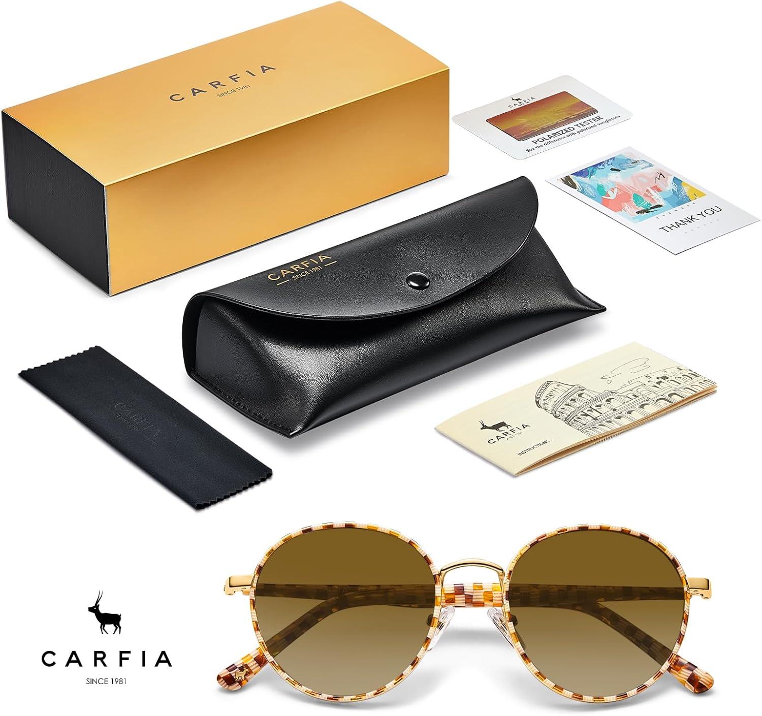image:imageCARFIA Retro Round Polarized Sunglasses for Women UV Protection Acetate Arms Metal Frame Driving GlassesA Checkered Frame Brown Gradient Lens
