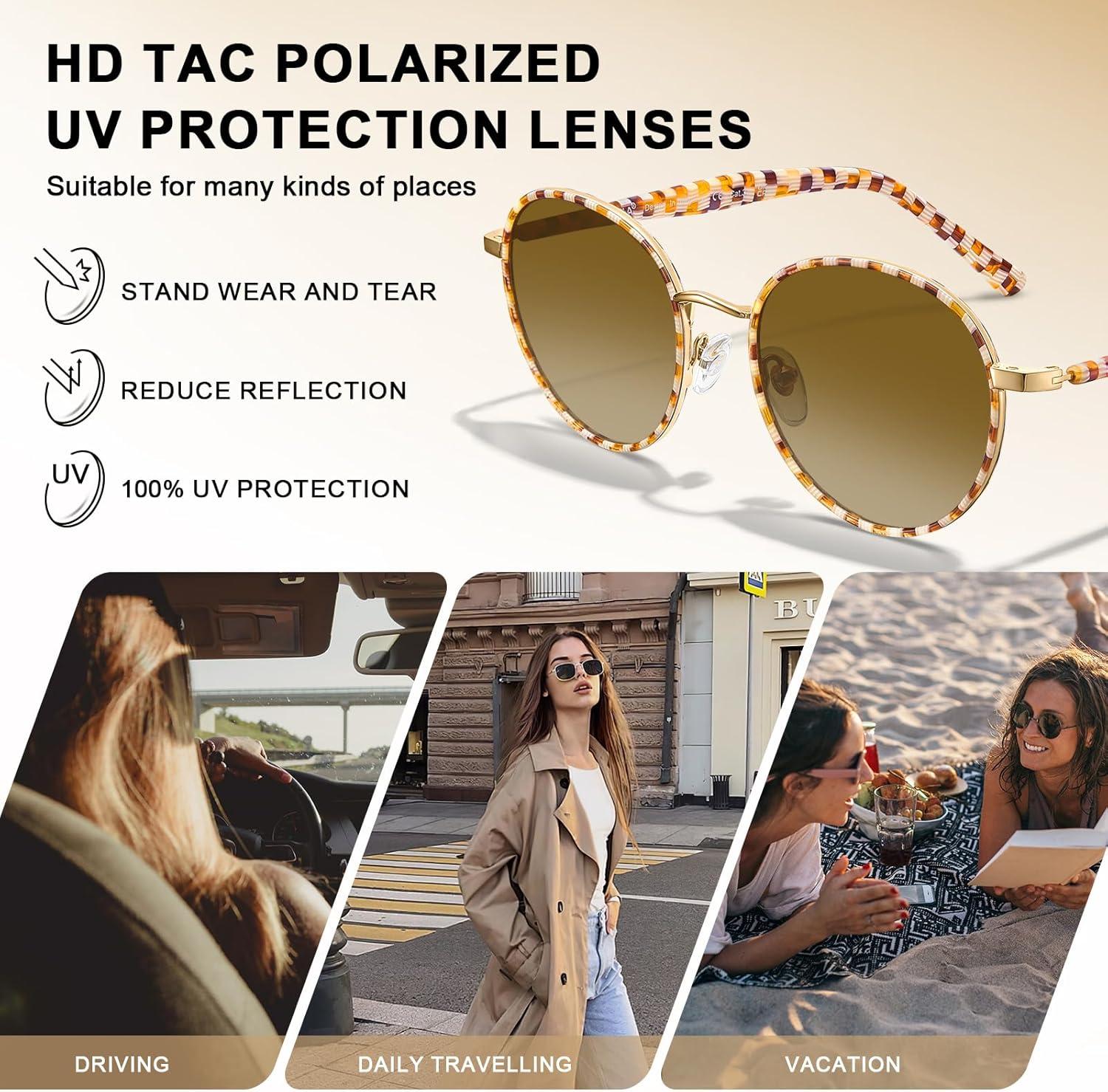 image:imageCARFIA Retro Round Polarized Sunglasses for Women UV Protection Acetate Arms Metal Frame Driving GlassesA Checkered Frame Brown Gradient Lens
