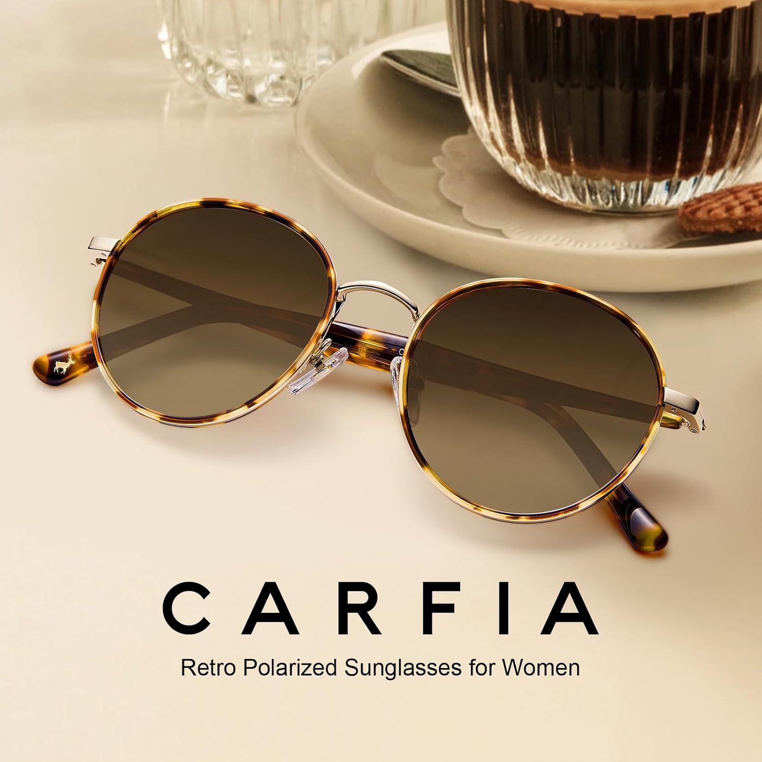image:imageCARFIA Retro Round Polarized Sunglasses for Women UV Protection Acetate Arms Metal Frame Driving GlassesC Brown Tortoise Frame Brown Gradient Lens