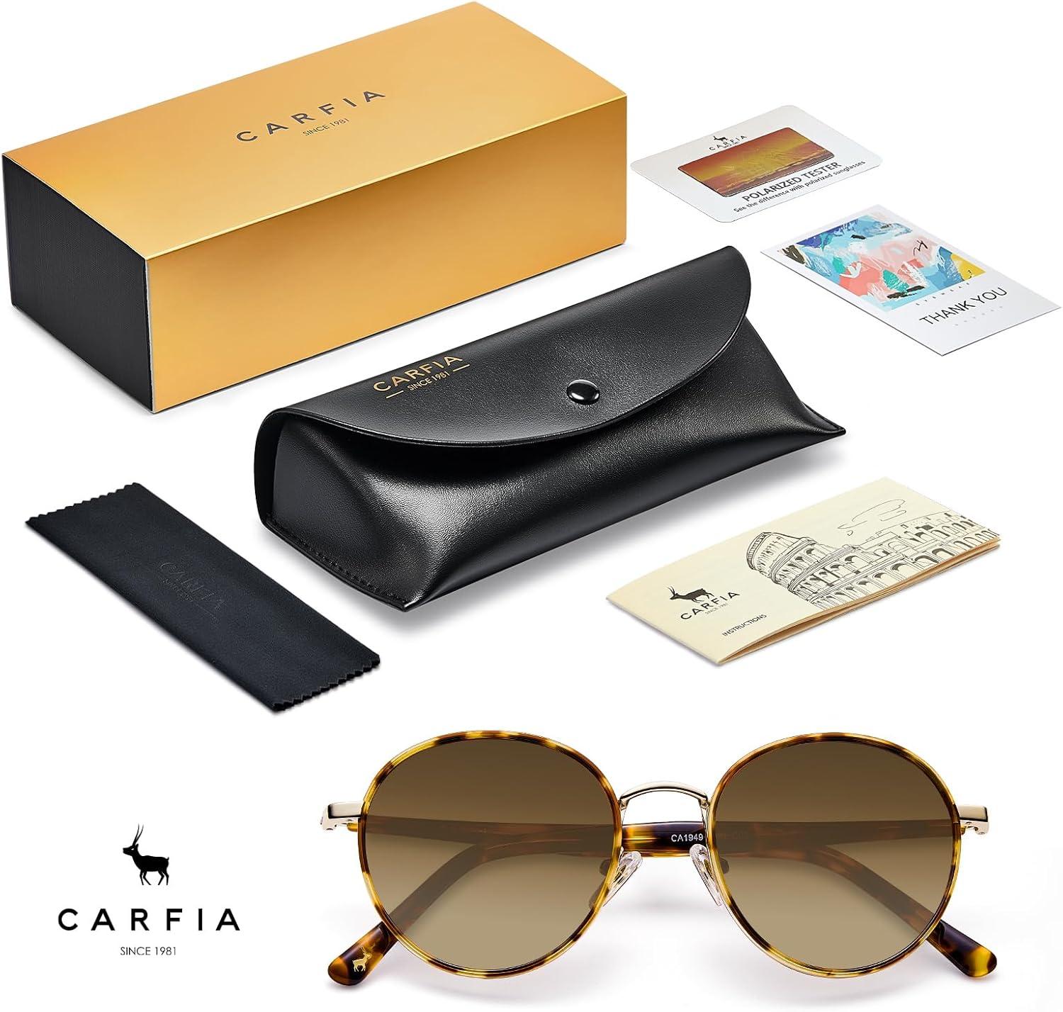 image:imageCARFIA Retro Round Polarized Sunglasses for Women UV Protection Acetate Arms Metal Frame Driving GlassesC Brown Tortoise Frame Brown Gradient Lens