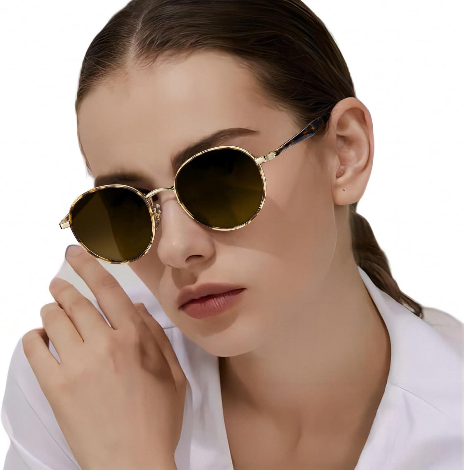 image:imageCARFIA Retro Round Polarized Sunglasses for Women UV Protection Acetate Arms Metal Frame Driving GlassesC Brown Tortoise Frame Brown Gradient Lens
